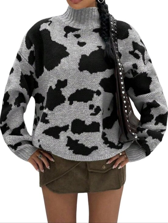 Sweaters - Slouchy Cow Print Gray Black Turtleneck Sweater Oversized Street Fall Winter, L